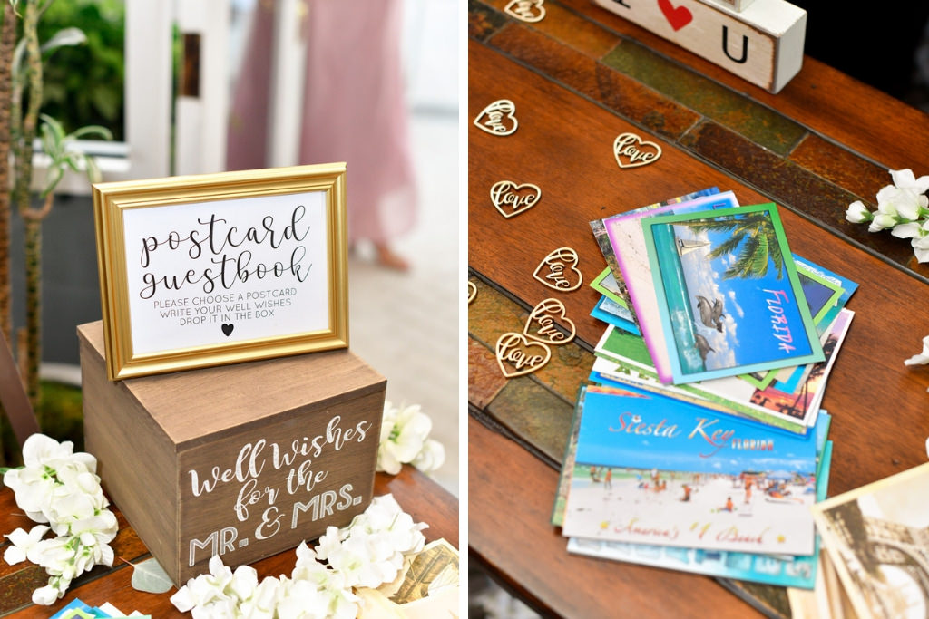 Tropical, Classic, Florida Inspired Wedding Reception Decor, Gold Guestbook Frame on Custom Wooden Box, Beach Photo Postcards