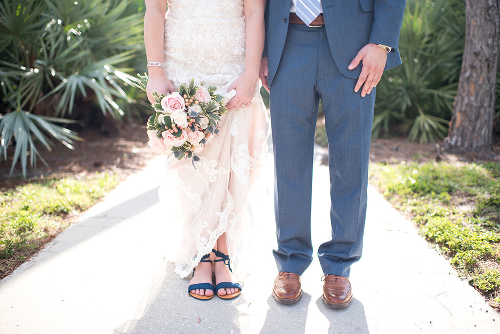 Florida Bride and Groom Something Blue Wedding Shoes, Carrying White, Ivory, Blush Pink Roses, Floral Wedding Bouquet with Greenery | Rocky Point, Florida