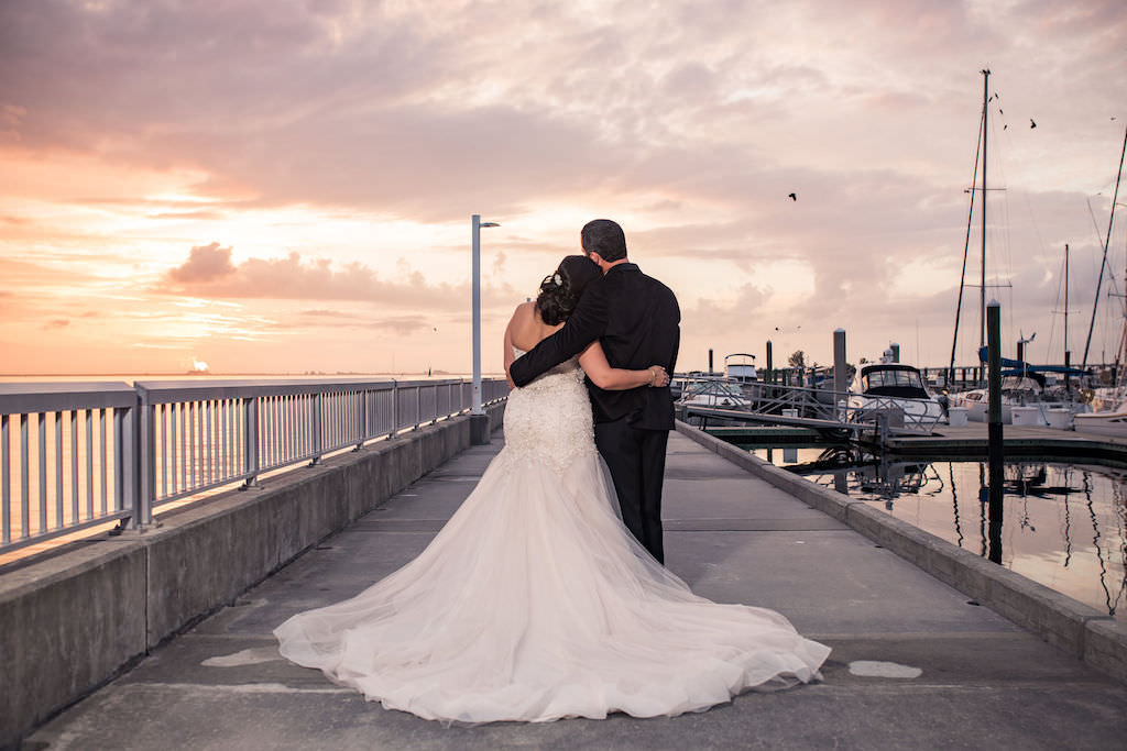 Tampa Florida Bride and Groom Sunset Waterfront Wedding Portrait | Tampa Bay Wedding Venue Westshore Yacht Club