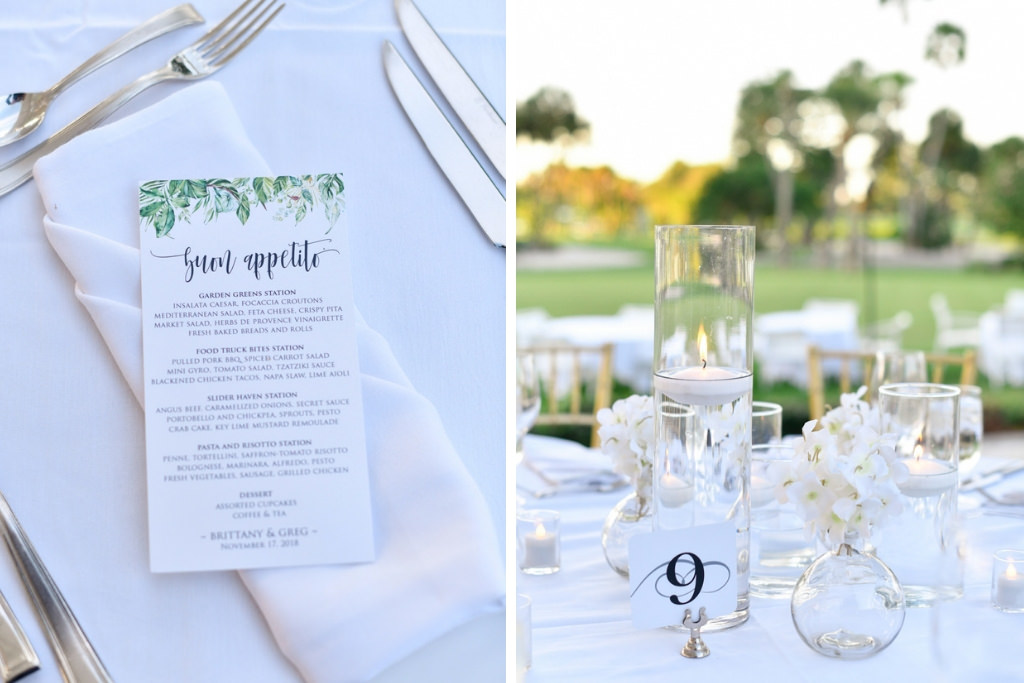 Tropical Classic Elegant Wedding Reception Decor, Custom Tropical Leaves Menu, White Linens, Tall Hurricane Glass Floating Candle, Low White Flowers in Round Clear Vase and Table Number