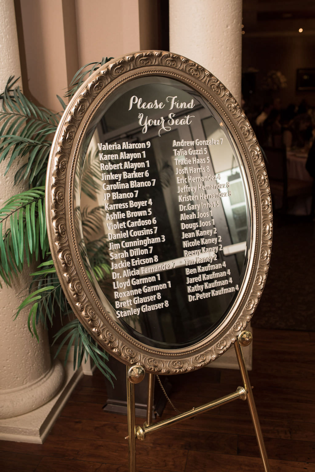 Elegant Wedding Reception Decor, Oval Antique Mirror Seating Chart | Tampa Bay Wedding Planner NK Productions Wedding Planning