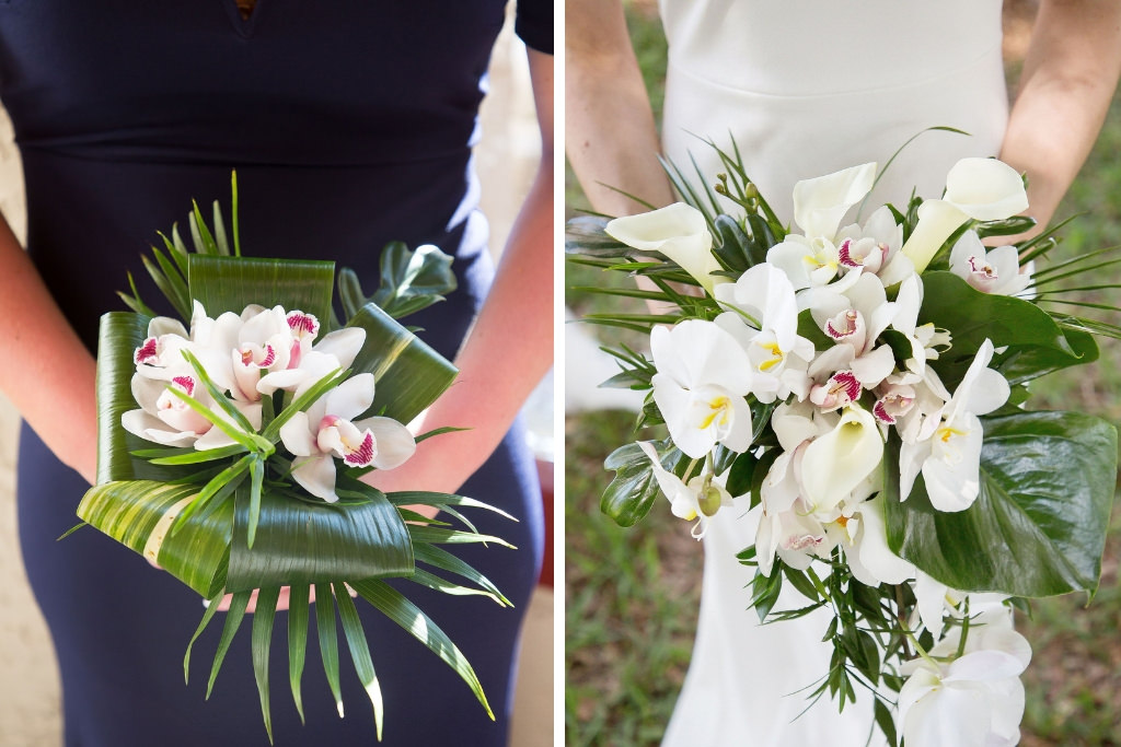 Bridesmaids and Bride Holding Tropical Inspired Palm Leaves and Orchids Floral Bouquet | Tampa Bay Kristen Marie Photography | Planner Special Moments Event Planning