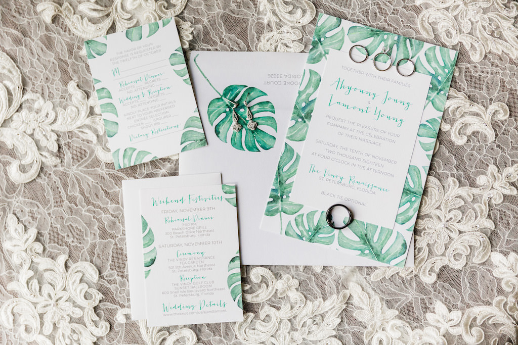 Modern, Tropical Inspired, Florida Wedding Invitation Suite, Monstera Leaf Design, Green and White | Tampa Bay Wedding Invitation and Stationery by URBANCoast
