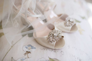 Peep Toe Satin Ivory Wedge Heel Wedding Shoes with Rhinestone Brooch | Tampa Bay Wedding Photographer Kristen Marie Photography