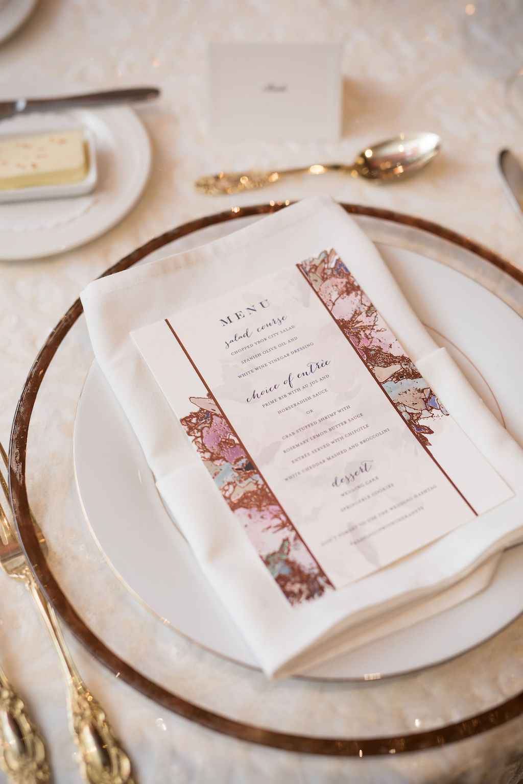 Elegant Floral Menu, White Linen, Clear Glass and Gold Trim Charger | Tampa Wedding Planner NK Productions Wedding Planning