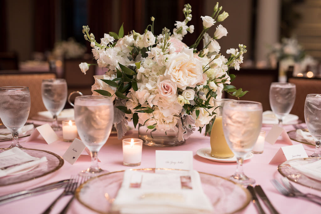 Classic Elegant Wedding Reception Decor, Pink Tablecloth, Low Ivory, White, Blush Pink Floral and Greenery Centerpiece | Tampa Wedding Planner NK Productions Wedding Planning