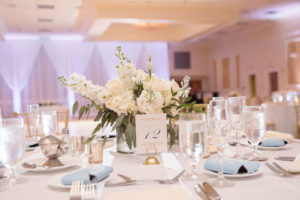 Classy Rustic Ballroom Wedding Reception Decor, White and Greenery Floral Low Centerpiece | Tampa Bay Wedding Photographer Kristen Marie Photography