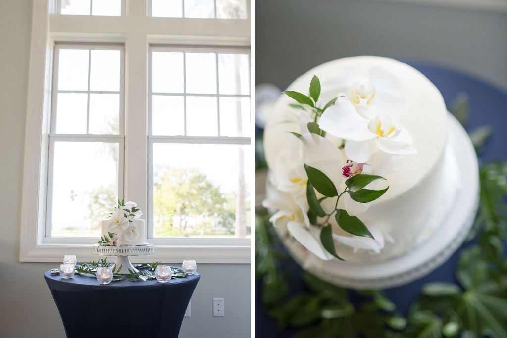 Simple, Classic Wedding Reception Decor, Round Table with Navy Blue Tablecloth, White One Tier Wedding Cake with Real White Orchid Floral | Tampa Bay Kristen Marie Photography | Planner Special Moments Event Planning