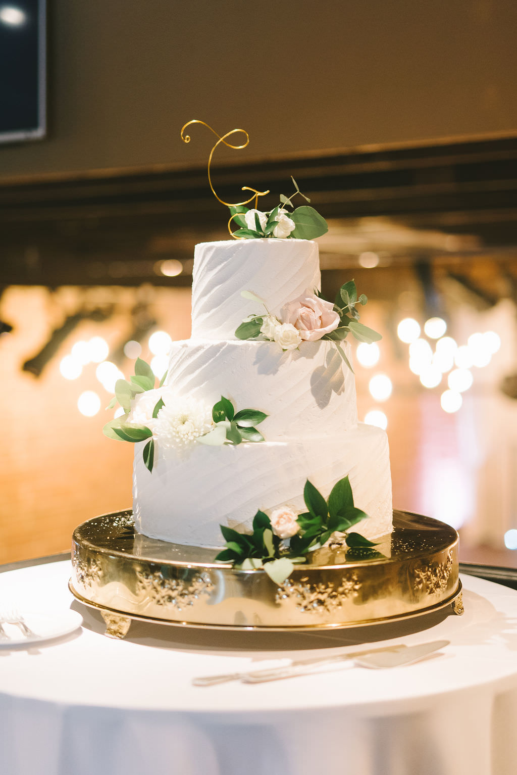 Modern, Elegant Three Tier Classic White Wedding Cake, Blush Pink, Ivory and Greenery Real Floral Accents with Custom Cake Topper | Tampa Bay Wedding Caterer and Baker Olympia Catering | Florida Photographer Kera Photography