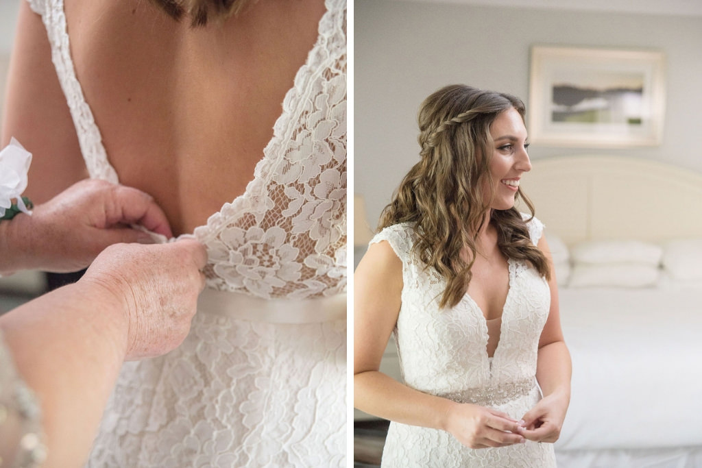Florida Bride Getting Ready Wedding Portrait in Mikaella Lace Wedding Dress with Plunging V Neckline, Capsleeves and Rhinestone Crystal Belt and Low Back | Tampa Bay Kristen Marie Photography