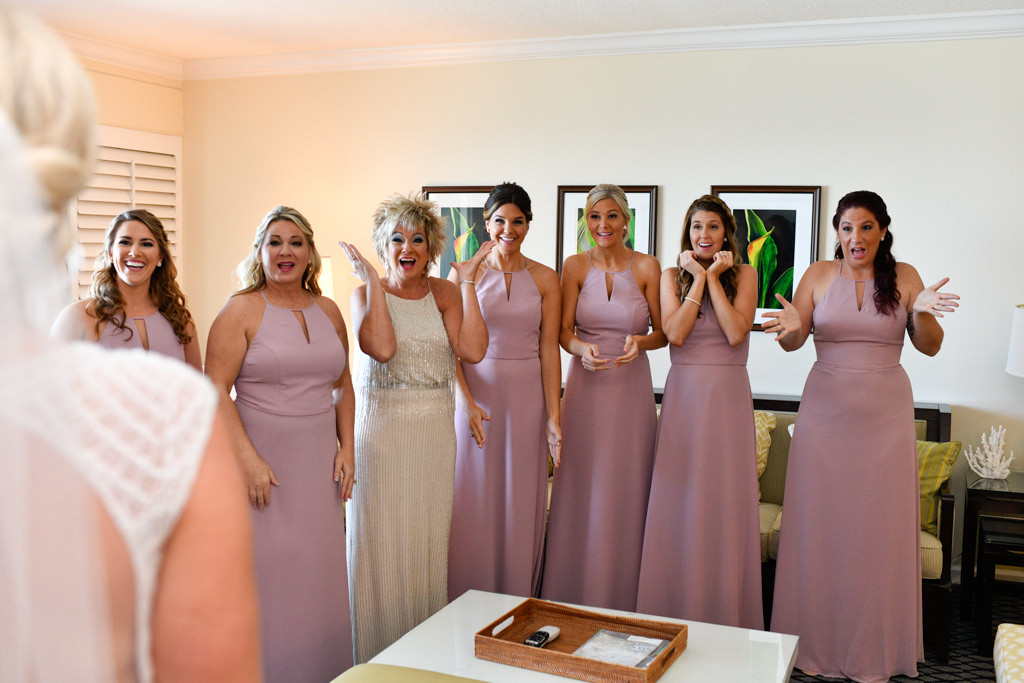 Mother of the Bride and Bridesmaids in Matching Dusty Rose Long Dresses Wedding Portrati
