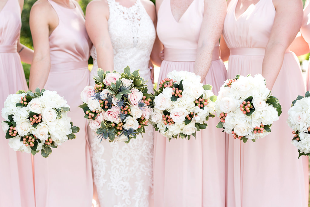 Elegant, Classic Florida Bridesmaids Bridal Party with Mismatched Style Blush Pink Long Dresses, Holding Nautical Inspired Wedding Bouquets, Blush Pink and Ivory Roses, White Flowers, Thistle, Greenery | Rocky Point Florida