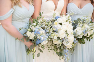 Bride and Bridesmaids Wedding Portrait, Classy Boho Powder Blue Flowy Long Dresses, Organic White, Ivory, Blue and Greenery Floral Bouquets | Tampa Bay Wedding Photographer Kristen Marie Photography | Palm Harbor Bridesmaid Dress Shop Nikki's Glitz and Glam