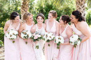 Elegant, Classic Florida Bridesmaids Bridal Party with Blush Pink Long Dresses, Holding Nautical Inspired Wedding Bouquets, Blush Pink and Ivory Roses, White Flowers, Thistle, Greenery | Rocky Point Florida