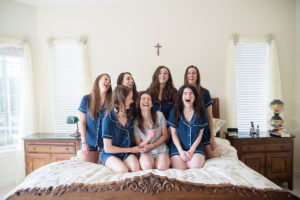 Florida Bride and Bridesmaids in Blue Short Pajama Matching Sets Getting Ready Wedding Portrait | Tampa Bay Wedding Photographer Kristen Marie Photography