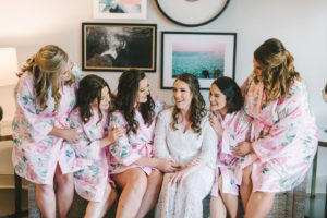 Florida Bride and Bridesmaids in Matching Pink Floral Silk Robes | Tampa Bay Wedding Beauty Artist Destiny & Light Hair and Makeup Group | St. Pete Photographer Kera Photography