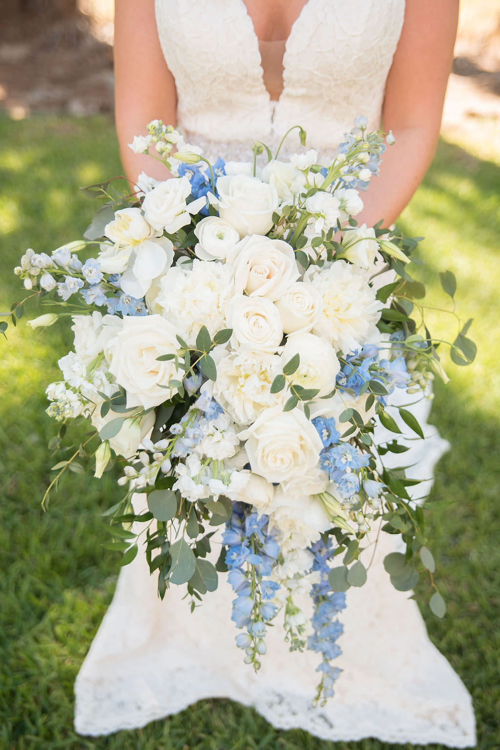 Bride Wedding Portrait in Mikaella Lace Wedding Dress with Plunging V Neckline and Cap Sleeves and Rhinestone Crystal Belt Holding Ivory, White, Blue and Greenery Organic Floral Bridal Bouquet | Tampa Bay Kristen Marie Photography