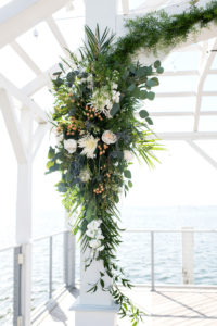 Nautical Inspired, Waterfront Wedding Ceremony Decor with Floral Arrangement, White, Ivory, Peach Flowers, Thistle | Tampa Bay Hotel and Wedding Venue The Godfrey Hotel & Cabanas