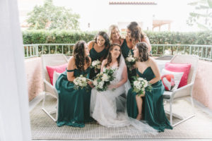 Florida Bride and Bridesmaids Wedding Portrait, Bridal Party in Mix and Match Long Dark Green Dresses, White and Green Floral Bouquets | Tampa Bay Wedding Beauty Artist Destiny & Light Hair and Makeup Group | St. Pete Photographer Kera