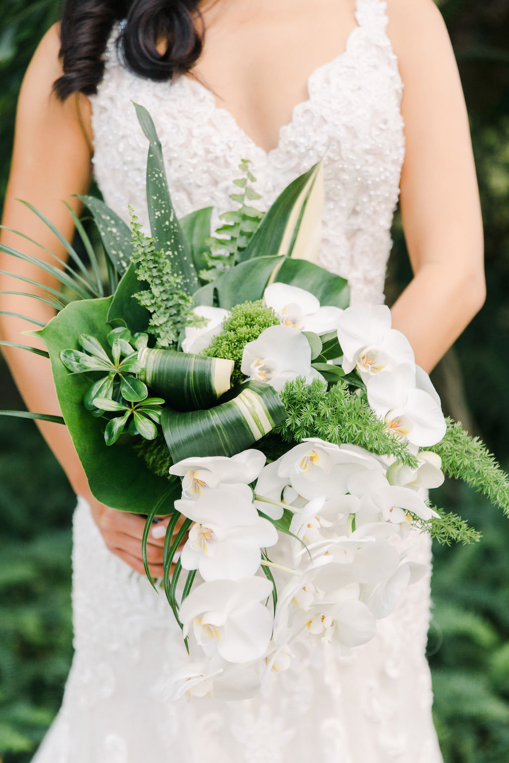 Modern, Tropical Inspired Green and White Bridal Bouquet, Palm Fronds, Monstera leaves, Cascading Orchids Flowers by Tampa Bay Wedding Florist Bruce Wayne Florals
