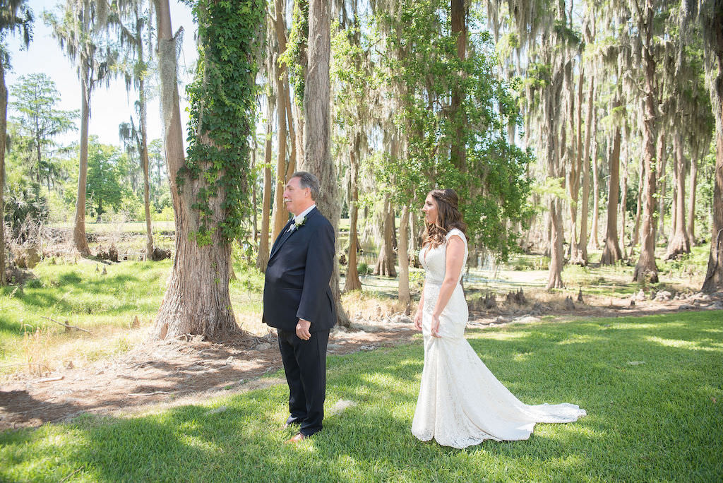 Palm Harbor Bride and Father Outdoor First Look Wedding Portrait | Tampa Bay Kristen Marie Photography | Wedding Venue Innisbrook Resort