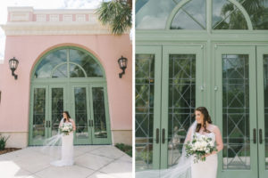 Modern Downtown St. Petersburg Bride Holding White and Green Floral Organic Wedding Bouquet, Bridal Outdoor Portrait | Tampa Bay Wedding Beauty Artist Destiny & Light Hair and Makeup Group | St. Pete Photographer Kera Photography
