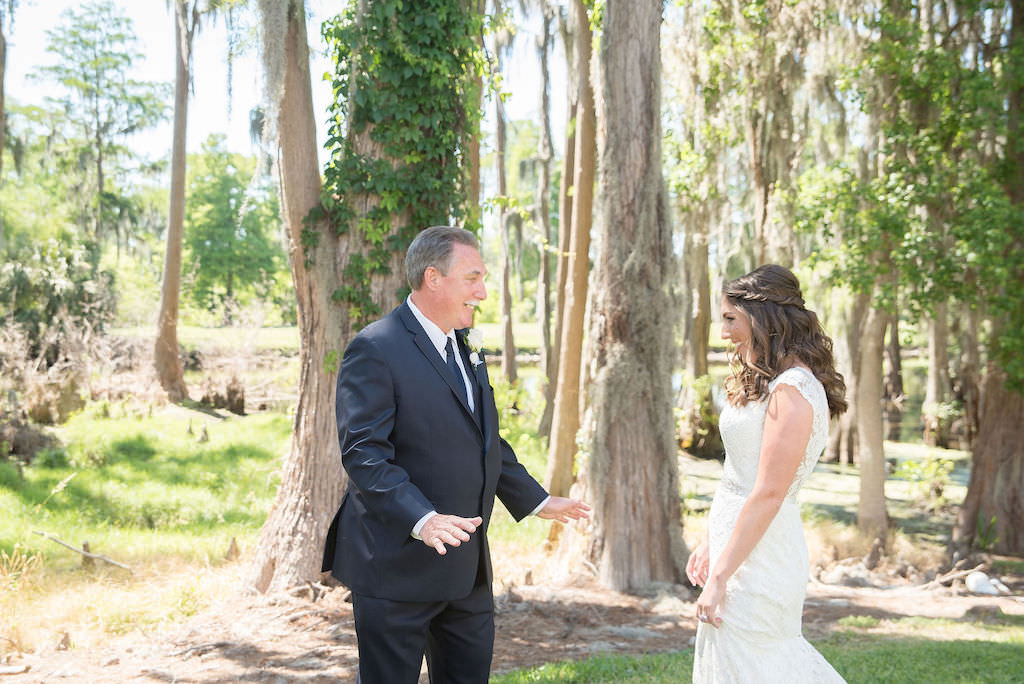 Palm Harbor Bride and Father Outdoor First Look Wedding Portrait | Tampa Bay Kristen Marie Photography | Wedding Venue Innisbrook Resort