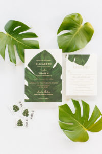 Tropical, Florida Inspired Green and White Monstera Leaf Wedding Invitation Suite with Gold Foil