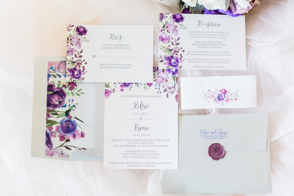 Minimalist, Garden Inspired Purple and Pink Watercolor Floral Florida Wedding Invitation Suite with Monogram Wax Emblem