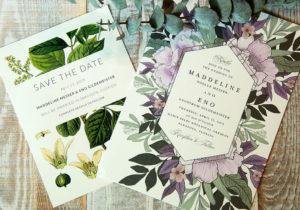 Purple Lilac Painted Floral Elegant Garden Inspired Wedding Invitation and Green Painted Leaf Save the Date
