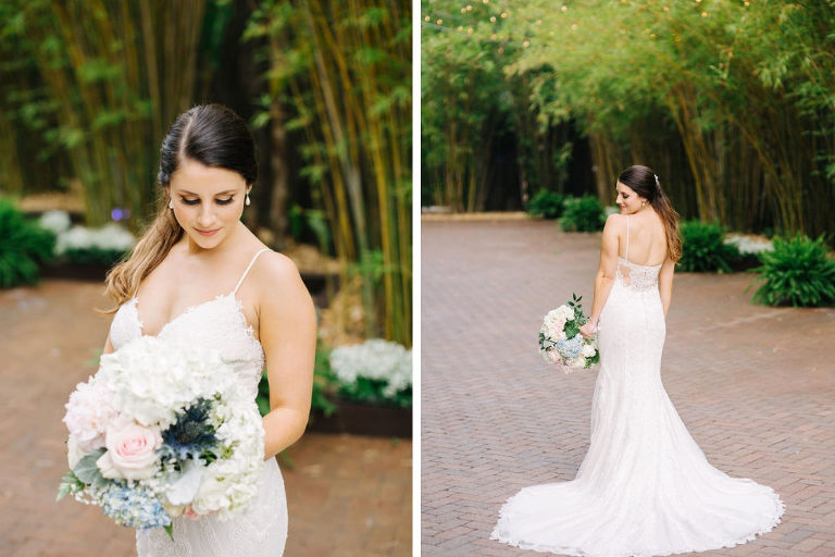 Elegant, Romantic Tampa Bay Bride in White Maggie Sottero Lace Wedding Dress with Cutaway Low Back, Soft Floral Bridal Bouquet with Blush Pink Roses, White Hydrangeas, Blue Thistle, Greenery Flowers, in Florida Bamboo Courtyard | Downtown St. Pete Unique Wedding Venue NOVA 535