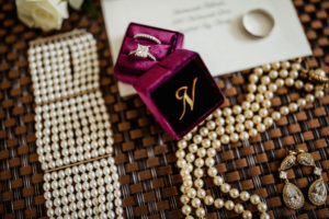 Bride's Wedding Accessories, Velvet Maroon and Gold Monogram Ring Box with Princess Cut Engagement Ring and Diamond Wedding Band and Pearl Jewelry