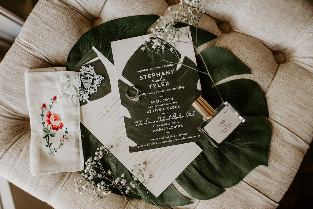 Tropical Monstera Palm Tree Leaf Wedding Invitation and Bridal Wedding Accessories