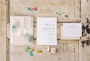 Elegant Classic White, Blush and Watercolor Greenery Wedding Invitation Suite, Velvet Ring Box with Engagement Ring and Diamond Hanging Bridal Earrings and Jewelry