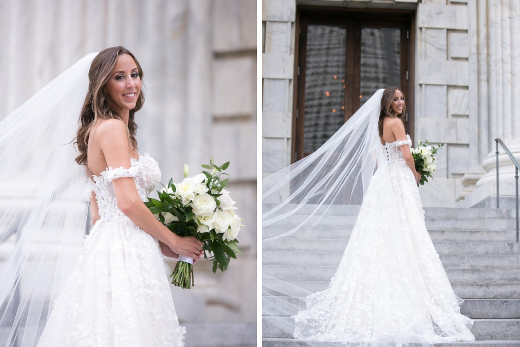 Elegant Florida Bride Wedding Portrait on Steps of Downtown Tampa Hotel Venue Le Meridien, Romantic Modern Galia Lahav Off Shoulder Floral Lace Ballgown Wedding Dress and Cathedral Length Veil | Tampa Bay Wedding Photographer Carrie Wildes Photography | Wedding Hair Artist Femme Akoi | Bridal Shop Isabel O'Neil Bridal Collection