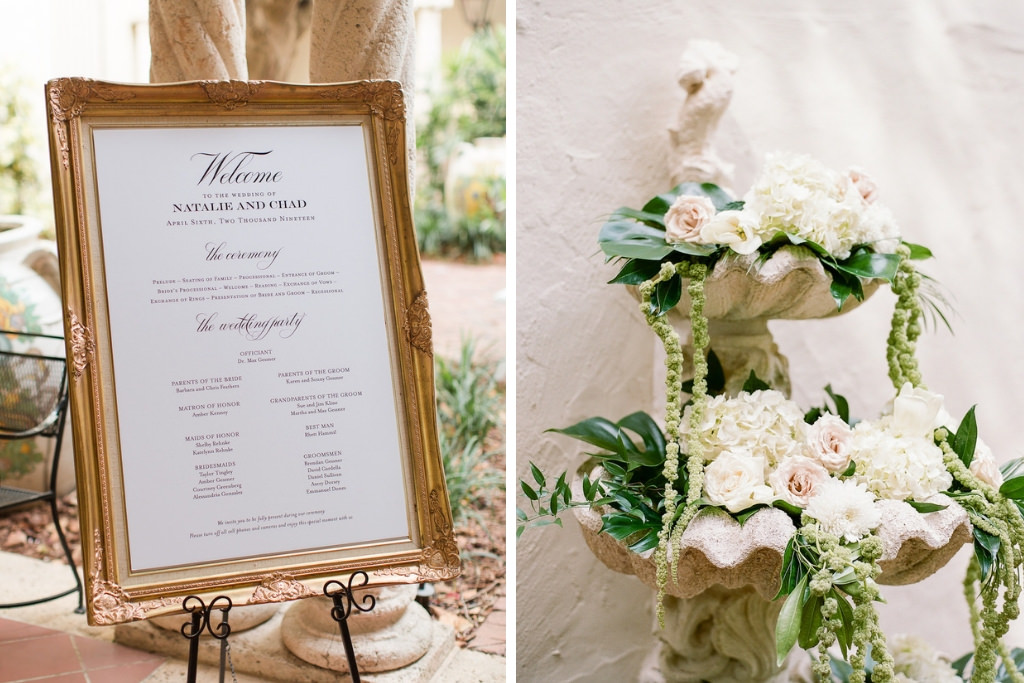 Romantic, Classic, Elegant Timeless Wedding Ceremony Decor, Gold Frame Welcome Sign, White, Ivory and Blush Pink Roses, Green Hanging Amaranthus and Greenery Leaves Floral Arrangements | St. Pete Wedding Invitations and Paper goods by A&P Design Co.