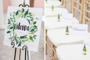 Tropical Elegant Wedding Ceremony Decor, White Wooden Green Leaf Wreath Welcome Sign, Gold Chiavari Chairs with Mini Bottles of Champagne Bubbles | Tampa Bay Wedding Photographer Lifelong Photography Studios