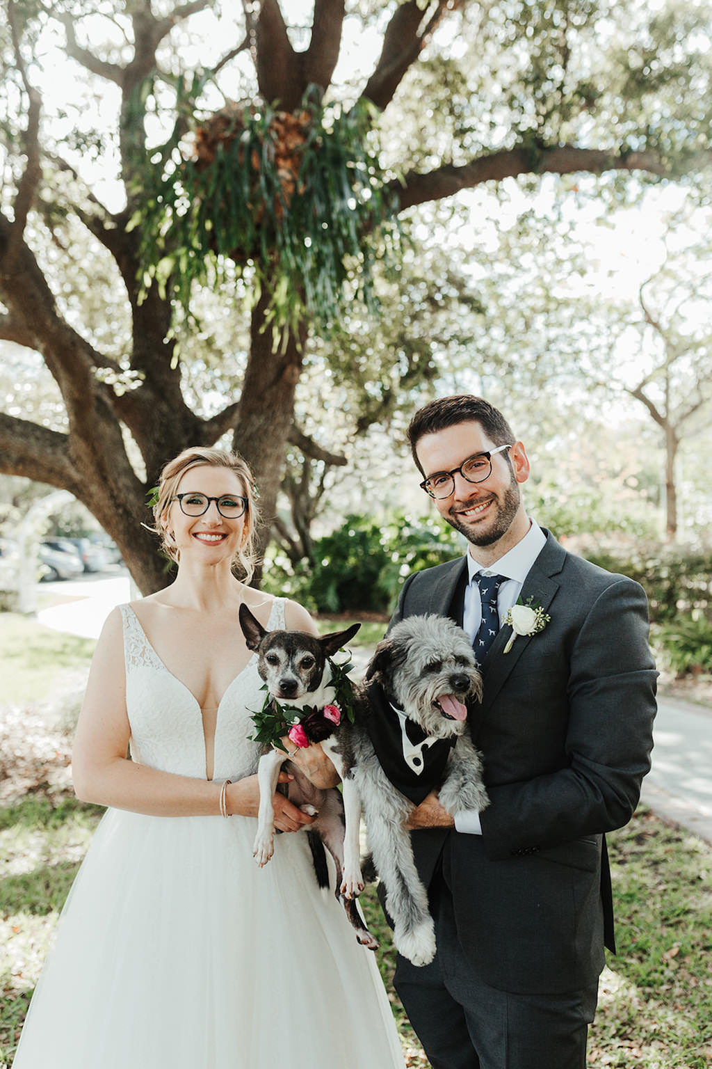 Florida Bride and Groom Wedding Portrait Holding Dogs Wearing Floral Collar and Tuxedo Bandana | Tampa Bay Wedding Pet Sitting Services by FairyTail Pet Care