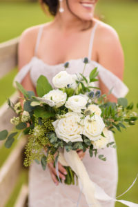 Tampa Bay Bride Holding Organic Classic White, Ivory, Greenery Floral Bouquet | Tampa Bay Wedding Florist Bruce Wayne Florals