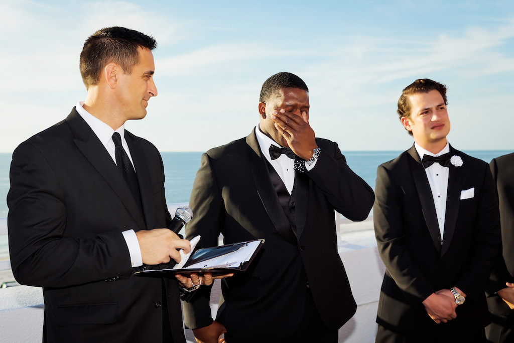 Florida Groom See's Bride Down The Aisle, Emotional Reaction, Cry in Black Tuxedo | St. Pete Beach Waterfront Rooftop Wedding Ceremony
