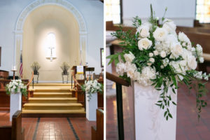 Traditional Wedding Ceremony Venue and Decor, White Pedestals with White and Ivory Rose and Flowers and Greenery | Tampa Bay Wedding Photographer Carrie Wildes Photography | First Presbyterian Church Downtown Tampa