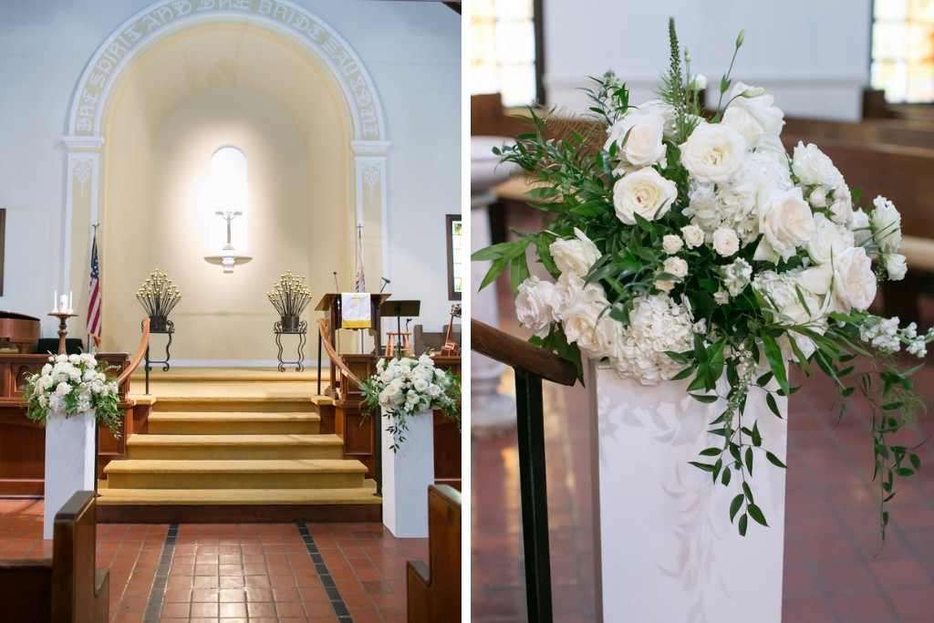 Traditional Wedding Ceremony Venue and Decor, White Pedestals with White  and Ivory Rose and Flowers and Greenery | Tampa Bay Wedding Photographer  Carrie Wildes Photography | First Presbyterian Church Downtown Tampa -