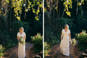 Golden Hour Outdoor Bridal Wedding Portrait with Floral Eucalyptus Bouquet in Wedding Dress