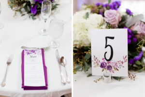 Minimalist, Garden-Inspired Florida Wedding Reception Decor, Purple and Pink Watercolor Floral Stationary Menu and Table Number, Purple Linen