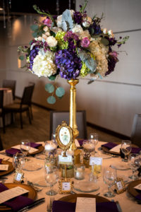 Elegant, Classic Vintage Garden Inspired Wedding Reception Decor, Tall Centerpieces, Gold Candelabra, Lilac, Purple, Green Hydrangeas, Blush Pink and Greenery Floral Arrangement, White Table Linen, Purple Napkins, Vintage Frame Place Cards | Tampa Wedding Planner Laura Detwiler Events