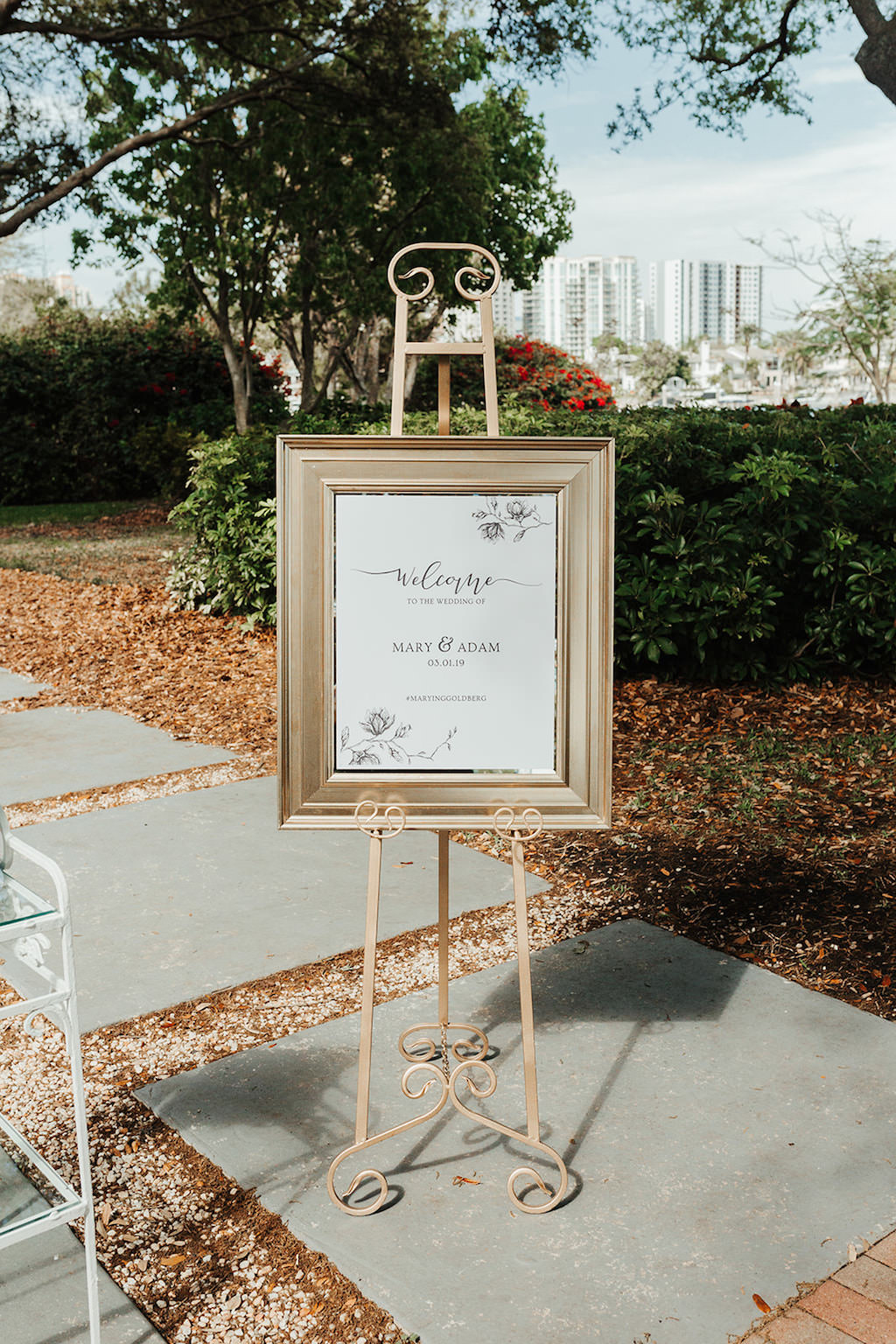 Tampa Bay Wedding Ceremony Decor, Gold Frame with Garden Chic Inspired Welcome Sign for Outdoor Wedding Ceremony at Davis Islands Garden Club