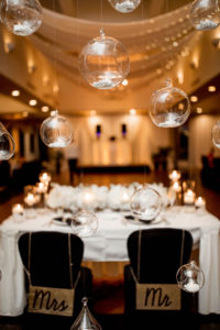 Classic, Formal Ballroom Wedding Reception Decor, Hanging Sphere Globes with Candles, Personalized Mr and Mrs Chair Signs and Sweetheart Table