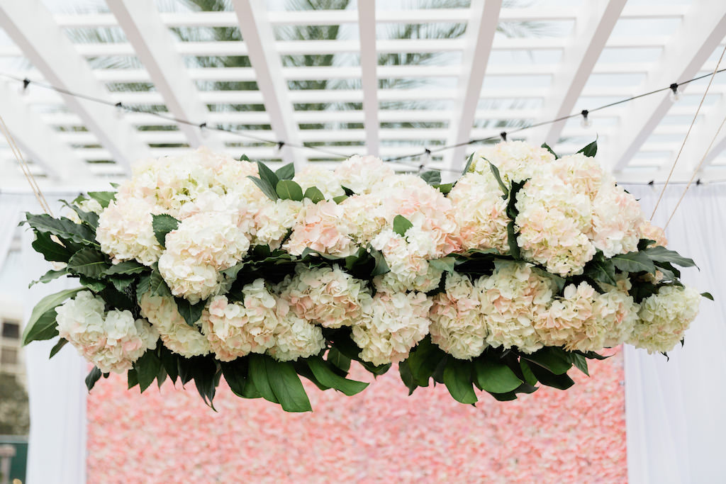 Whimsical Garden Wedding Decor and Sweetheart Table, Ivory, Blush Pink Hanging Floral Arrangement with Greenery | Tampa Bay Wedding Florist Gabro Event Services