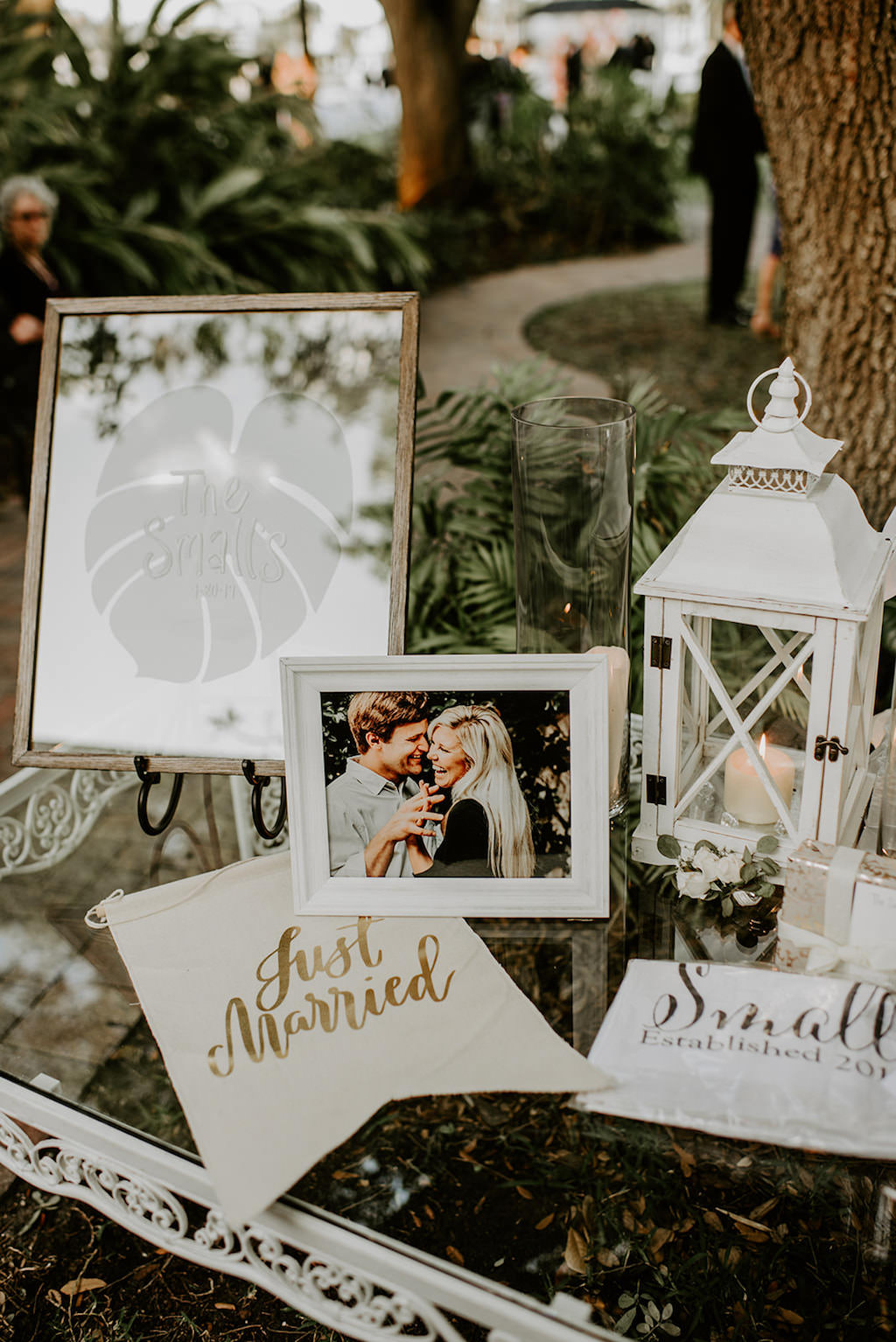Wedding Ceremony Welcome Table Decor, White Lanterns, Personal Picture and Frame, Montsera Leaf Print in Frame