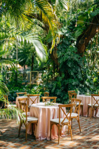 Elegant Classic Simple Garden Wedding Reception Decor, Round Tables with Pink Linens, Wooden Crossback Chairs | Tampa Bay Outdoor Wedding Venue Sunken Gardens